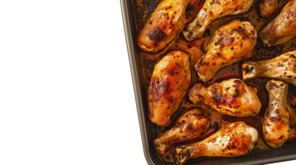 Freshly roasted golden brown chicken drumsticks in baking tray with crispy skin and herbs viewed from above, homemade savory poultry dish with perfect caramelization ready to serve for family dinner