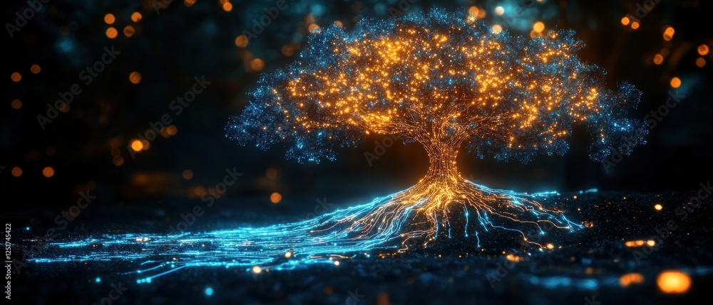 Poster digital tree representation of technology and nature connection in a futuristic cyberpunk style