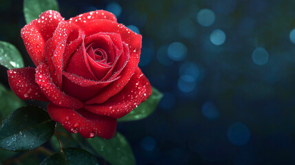 Vibrant red rose with glistening water droplets against dark bokeh background, romantic floral macro photography showing nature's elegance and beauty