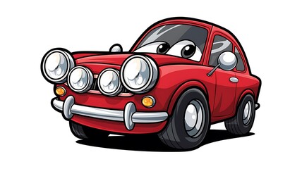 A charming cartoon depiction of a red vintage car featuring large headlights and expressive eyes. The car is drawn in a playful, childfriendly style.