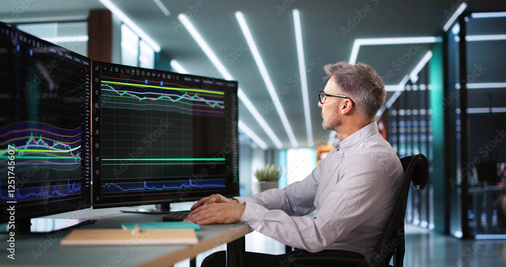 Poster stock market broker looking at graphs on multiple screens