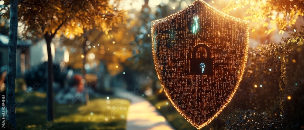 Poster glowing shield symbolizing digital security, surrounded by autumn trees and pathway