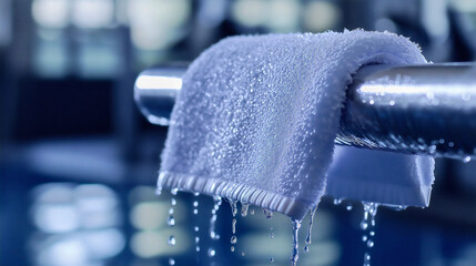 Wet white towel dripping water on a metal bar at an indoor swimming pool. Close-up with clear droplets and blue tones. Post-swim concept, hygiene and freshness imagery.