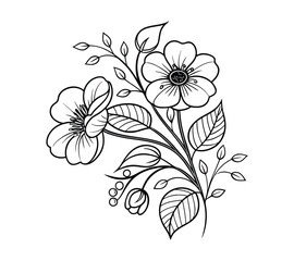 Create a highly detailed black-and-white line art illustration of a floral arrangement. The design should feature three large flowers with symmetrical petals, intricate circular centers.