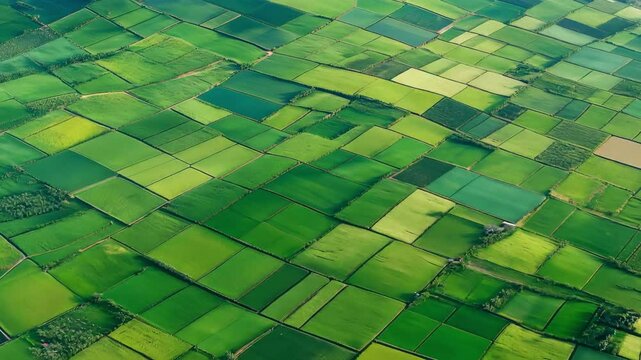 An aerial perspective reveals a stunning quilt of lush green fields highlighting various agricultural patterns in a sprawling countryside