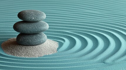 Zen garden relaxation stacked stones creating tranquility serene environment minimalistic composition captured from above