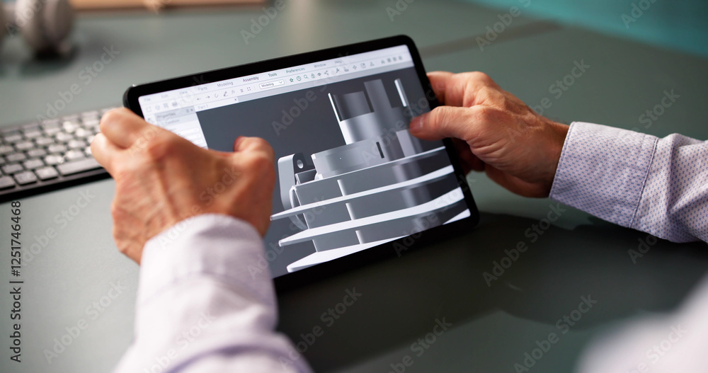 Aufkleber male engineer developing mechanical parts using 3d cad software on laptop