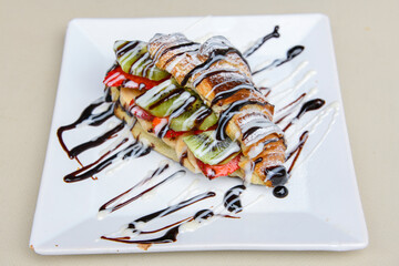 Homemade Belgium Waffles with Blueberries and Almonds. Classic , double bubble waffle. Kulah waffle.