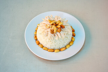Traditional turkish bulgur pilaf with tomato sause in plate (Turkish name; bulgur pilavi, meyhane...