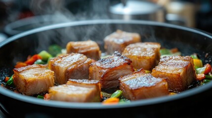 A close-up of crispy pork belly being served over a bed of stir-fried vegetables, highlighting the contrast of textures and colors for a visually appealing meal that is both delicious and nutritious.