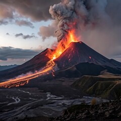 A volcano erupting, sending lava and smoke high into the sky