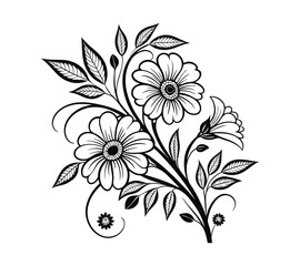 Create a highly detailed black-and-white line art illustration of a floral arrangement. The design should feature three large flowers with symmetrical petals, intricate circular centers.