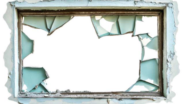 Abandoned Building with Broken Window Frame and Shattered Glass in Rustic Architecture