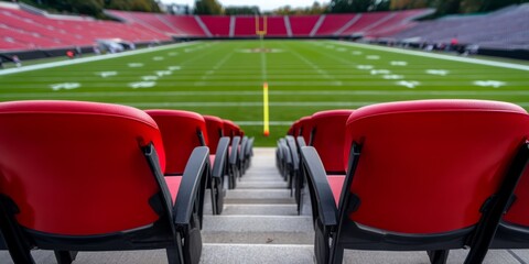 Fototapeta premium Empty Football Stadium With Red Seats Under Clear Sky in Daytime, Ideal for Sports or Event Concepts