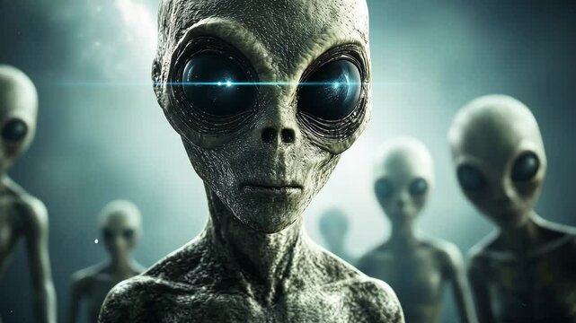 Group of aliens with large eyes and textured skin appear against a shadowy backdrop, creating an otherworldly atmosphere