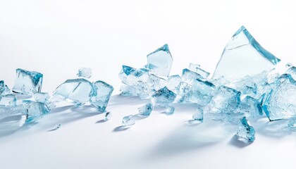 Shattered blue glass pieces scattered on white surface, creating artistic display