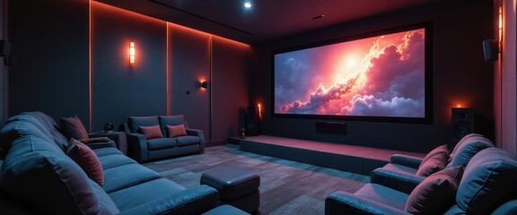 Luxury Home Theater Room with Large Screen and Comfortable Seating, Entertainment Concept