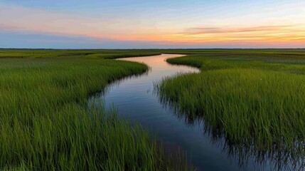 Serene sunset reflection over marshlands coastal region landscape photography natural environment wide angle view tranquility and beauty