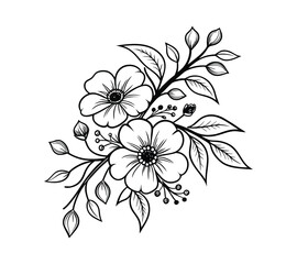 Create a highly detailed black-and-white line art illustration of a floral arrangement. The design should feature three large flowers with symmetrical petals, intricate circular centers.
