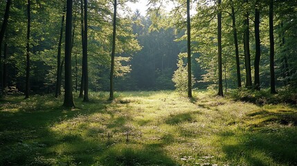 Obraz premium Sunlight filtering through trees in lush forest nature photography peaceful woodland vibrant green environment