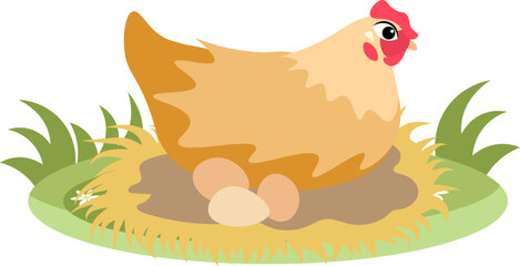 Farm Animals. Cute farm. The red hen sits in a nest with eggs. Collection of farm animals. Baby flat vector illustration. Isolated