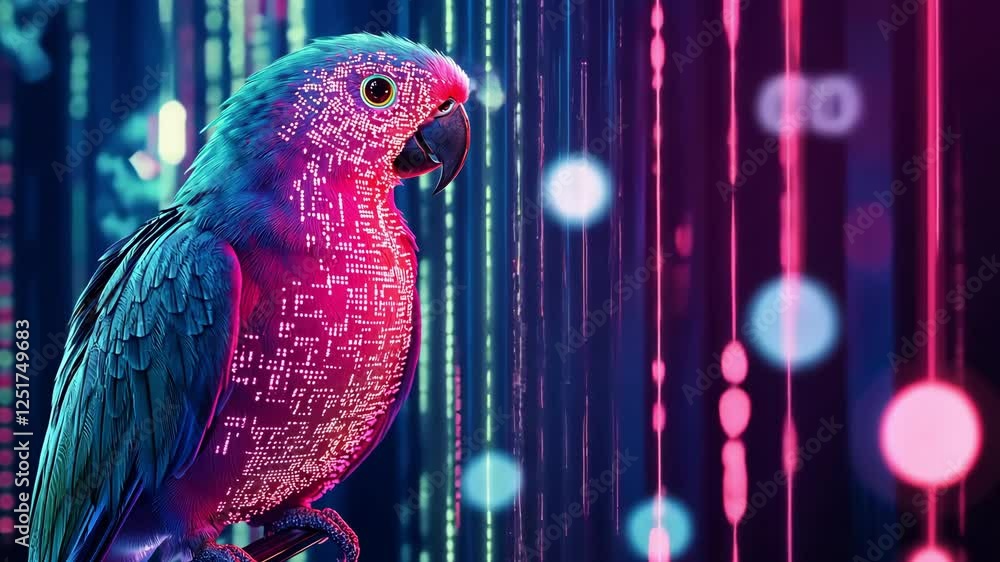 Poster a parrot with digital patter on plumage stands in front of a display of colorful neon lights and dat