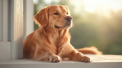 Golden retriever relaxing on a porch in the warm evening sun capturing the essence of a serene companion animal in a natural outdoor environment