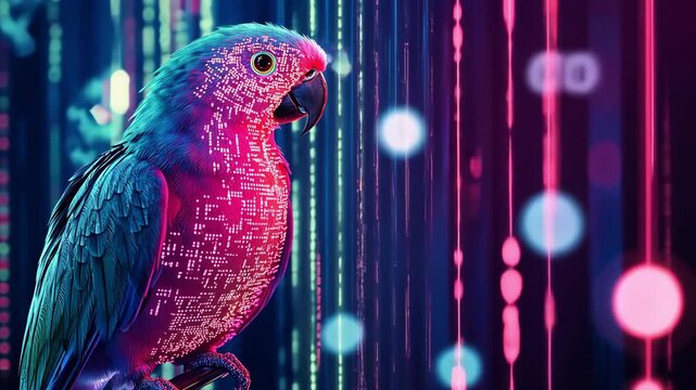 A parrot with digital patter on plumage stands in front of a display of colorful neon lights and data flowing