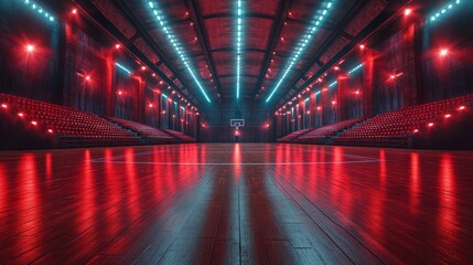 Neon-lit basketball court, indoor arena, red seats, night game