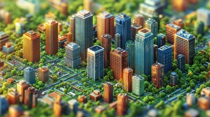 Aerial view of vibrant city, green spaces, sunrise, urban planning, presentation