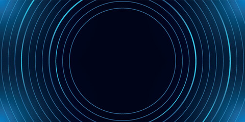 Abstract blue glowing geometric lines on dark blue background. Modern shiny blue circle lines pattern. Futuristic technology concept. Suit for cover, poster,