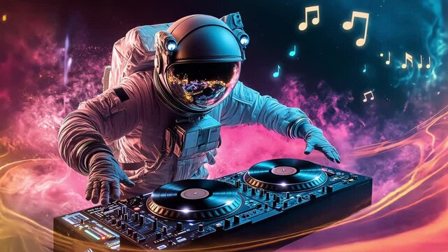 An astronaut DJ skillfully mixes music while surrounded by swirling colors and sound waves, creating a captivating cosmic atmosphere