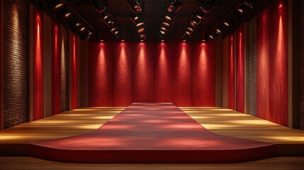 Red carpet runway stage, spotlights, brick wall, event backdrop