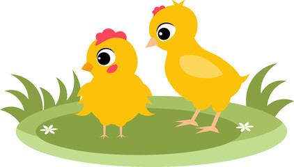 Farm Animals. Cute farm. Little yellow chickens stand on the green grass. Collection of farm animals. Baby flat vector illustration. Isolated