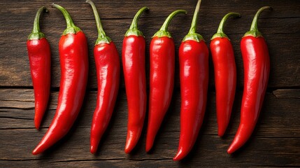 Red chili peppers arranged on rustic wood background