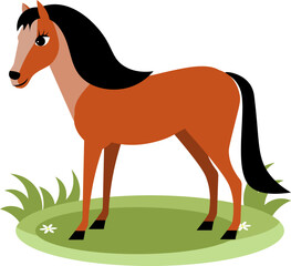 Farm Animals. Cute farm. A red horse stands on green grass. Collection of farm animals. Baby flat vector illustration. Isolated