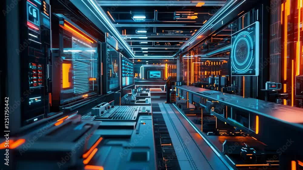 Aufkleber immersive environment of a modern technology lab filled with high tech interfaces and neon lighting