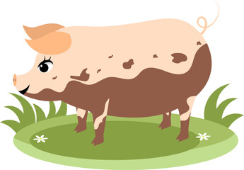 Farm Animals. Cute farm. A dirty pig stands on the green grass. Collection of farm animals. Baby flat vector illustration. Isolated