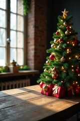 Rustic wooden table, decorated Christmas tree , ornaments, natural