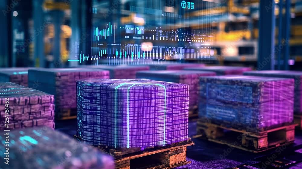 Poster futuristic warehouse utilizing advanced technology and data analysis for efficient inventory control