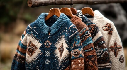 Naklejka premium Colorful hand-knit sweaters hang on wooden hangers in a natural outdoor setting, showcasing intricate patterns and craftsmanship