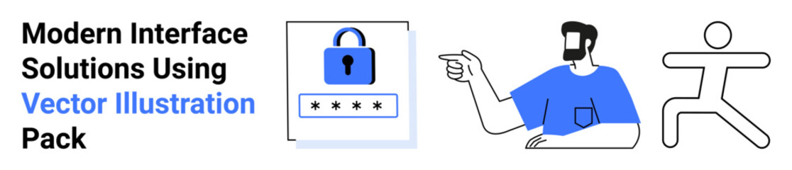 Padlock with password input, pointing man in blue shirt for guidance, minimalist user icon. Ideal for data security, interaction design, privacy, user guidance, access control, safety flat landing