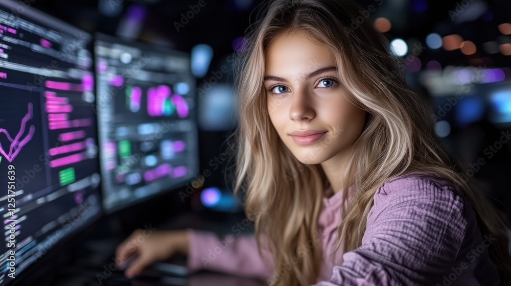Aufkleber young woman with long hair focuses on her work at a desk surrounded by several computer screens show