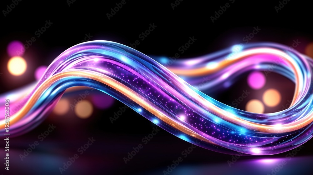 Poster colorful waves of light twist and flow smoothly against a dark backdrop, blending hues of pink, blue
