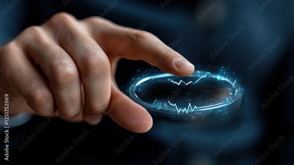 Poster hand extends towards a luminous circular holographic display that features waveforms, set against a 