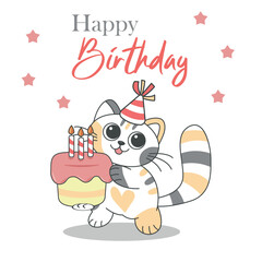 Cute cartoon cat with a party hat holding a birthday cake with candles, surrounded by stars, perfect for greeting cards and celebrations