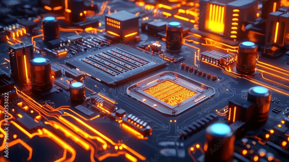 Poster glowing circuits: a close-up of a computer motherboard's intricate design