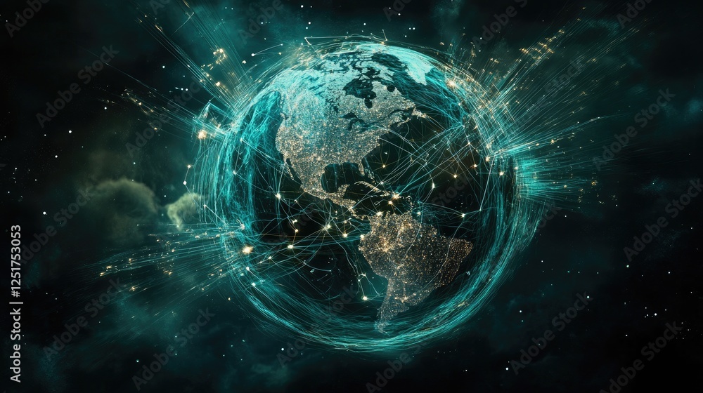 Poster a conceptual image of a globe with interconnected digital lines and nodes, representing a global dig