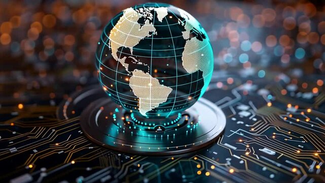 A digital 3D holographic globe with interconnected networks and data streams, symbolizing global communication, international trade, and futuristic technology. - Powered by Adobe