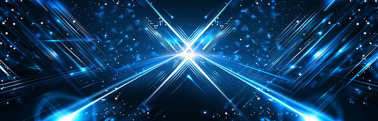 Obraz premium Abstract Blue Light Rays Crossing in Dark Space with Glowing Particles